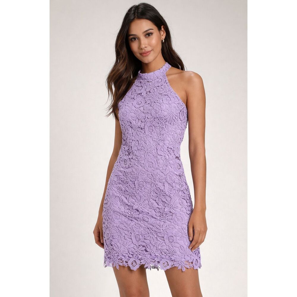 Lulus Lavender Lace look Halter Dress XS Floral Crochet Mini Lined